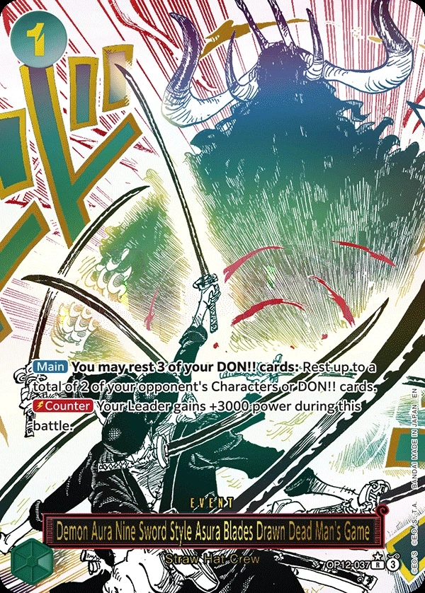 Demon Aura Nine Sword Style Asura Blades Drawn Dead Man's Game (OP12-037_p1) Alt Art One Piece card